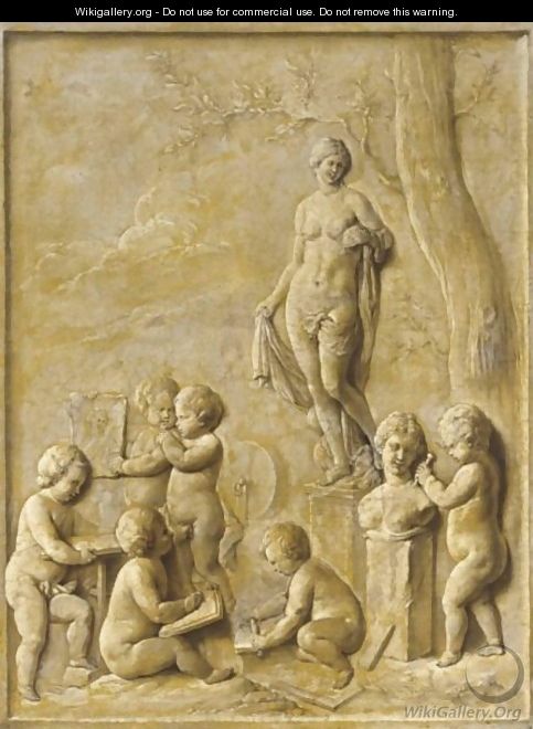An Allegory Of Sculpture - Putti Making Sculptures And Preliminary Drawings In A Garden Setting Near A Statue Of Venus - Flemish School