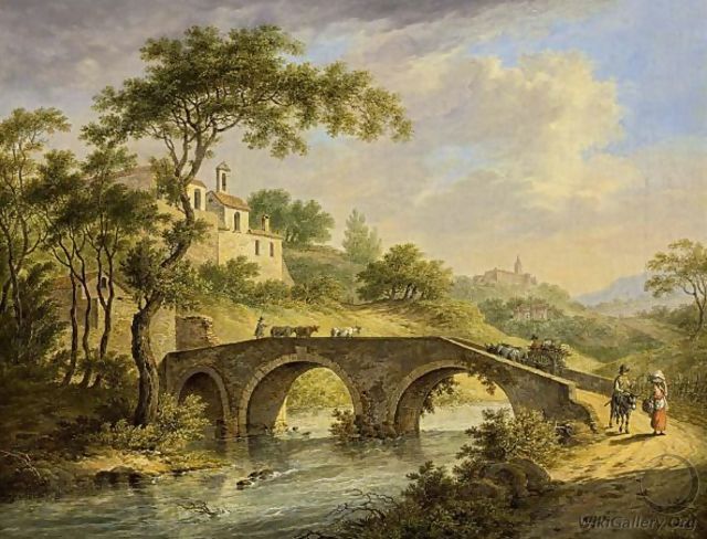 An Italianate Landscape With An Ox-Drawn Cart And A Shepherd And His Cattle On A Bridge, Other Travellers Nearby And A View Of A Walled Town Nearby - Daniel Dupre
