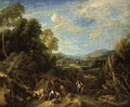 An Extensive River Landscape With Classical Figures Conversing And Mountains Beyond - Jan Baptist Huysmans