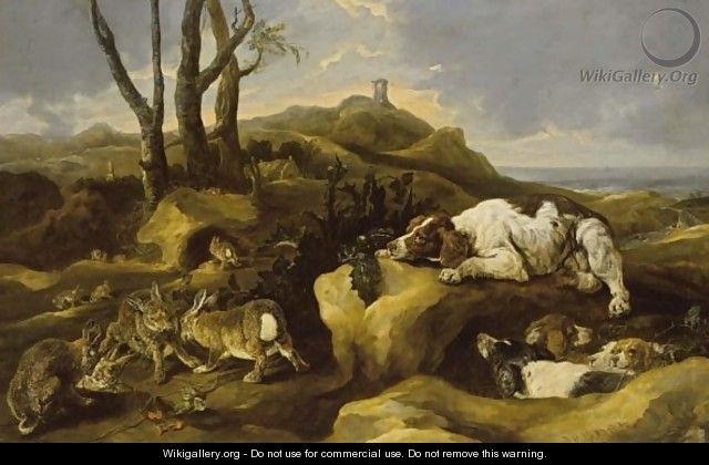 Spaniels Stalking Rabbits In The Dunes, A View Of The Sea Beyond - Joannes Fijt