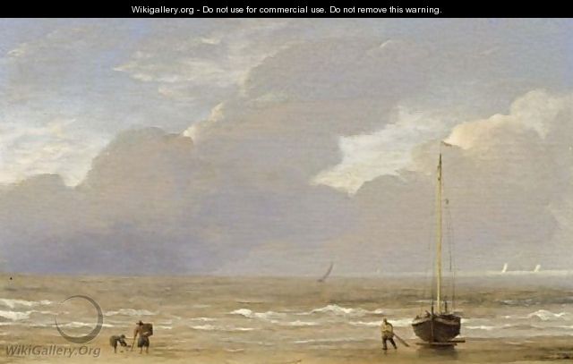 A Dutch Fishing Pink Hauled Up On The Shore On A Breezy Day - (after) Adriaen Van De Velde