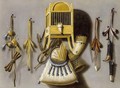 A Trompe-L'Oeil Hunting Still Life With A Bird In A Cage, A Hunting Horn And Bag, Bird Of Prey Hoods, Gunpowder Horns And Other Hunting Equipment - Johannes Leemans