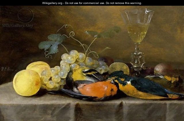 A Still Life With Two Finches, A Kingfisher, Grapes, Peaches, Prunes And A Facon-De-Venise Wineglass, All On A Draped Table - Peeter Van Overschie