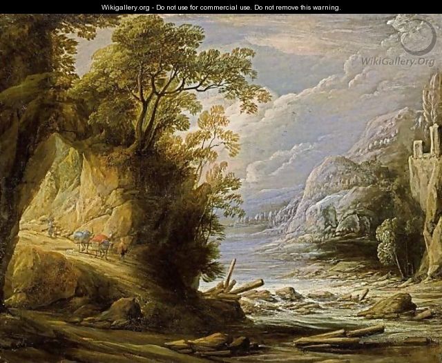 A Mountainous River Landscape With An Oriental Traveller And Donkeys On A Path - Jan van de Venne