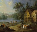 A Village Scene With Figures, Horsemen And A Horse-Drawn Cart Near A River, A Town In The Distance - Flemish School