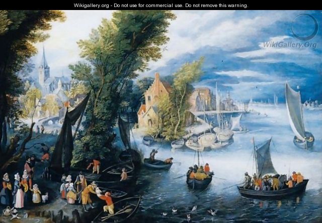 A Village By A River With Peasants Disembarking A Rowing Boat In The Foreground - Jan, the Younger Brueghel
