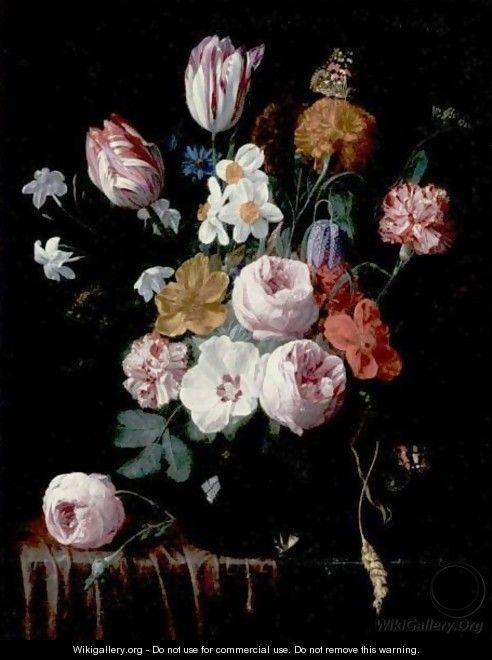 Still Life Of Roses, Tulips, Carnations And Other Flowers In A Glass Vase, Resting On A Table - Nicholaes van Verendael