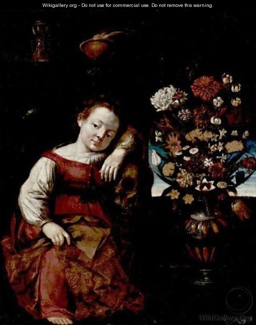 Vanitas Still Life With A Young Child Leaning On A Skull - Cremonese School