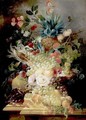 Still Life Of Various Fruits And Flowers On A Ledge Including A Pineapple And An Ear Of Corn - Jan Evert Morel