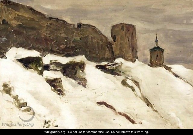 Fortress In Winter Landscape - Russian School
