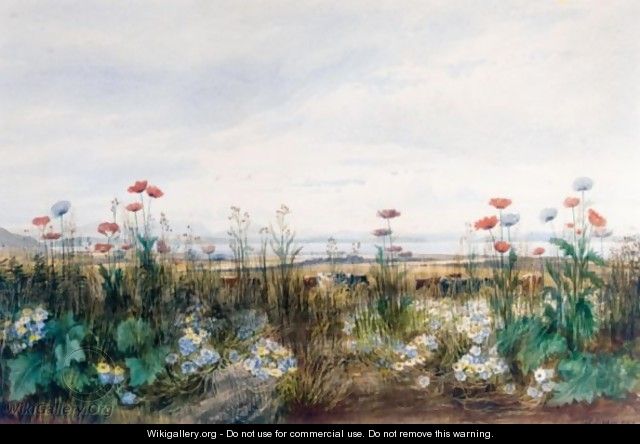 A Bank Of Wild Flowers With Cattle Grazing, A Coastal Town Beyond - Andrew Nicholl