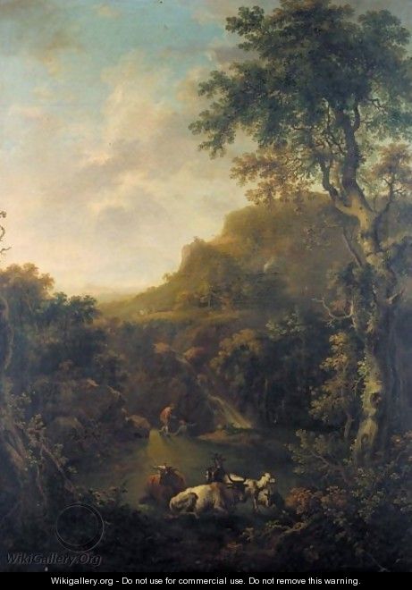 An Extensive Landscape With Cattle In The Foreground And Drovers Resting Beyond - George Barret