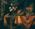 Natura Morta Con Vaso Di Fiori, Frutta, Brocca, Cuscino E Tappeto Su Un Tavolo - (after) Francesco (Il Maltese) Fieravino