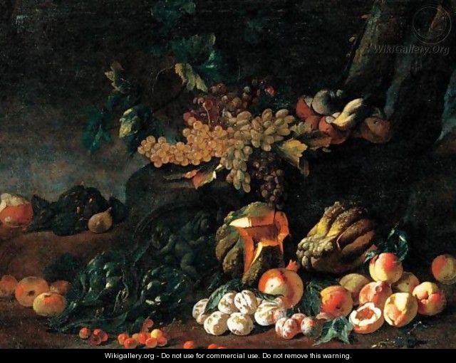 Natura Morta Di Frutta, Funghi, Carciofi E Bassorilievo Rotondo In Un Paesaggio - Angelo Maria Rossi
