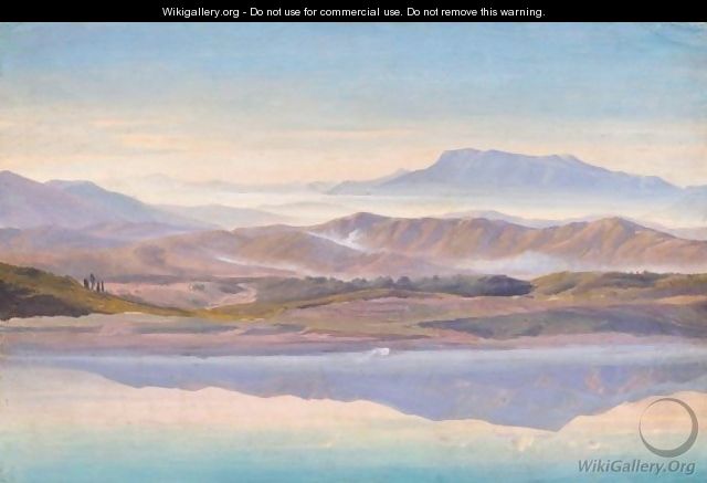 Mountainous Landscape In The Early Morning Mist - August Lucas