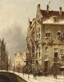 A Wintry Town View With Figures On A Bridge - Pieter Gerard Vertin