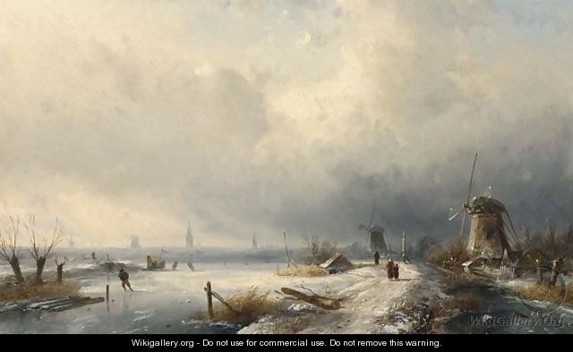 A Winter Landscape With Figures Near A Windmill - Charles Henri Leickert