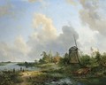 Anglers Near A Windmill In A Summer Landscape - Pieter Lodewijk Francisco Kluyver