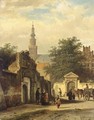 Figures In The Sunlit Streets Of A Dutch Town - Cornelis Springer