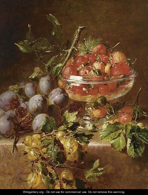 A Still Life With Prunes, Gooseberries And Strawberries In A Bowl - Adriana-Johanna Haanen