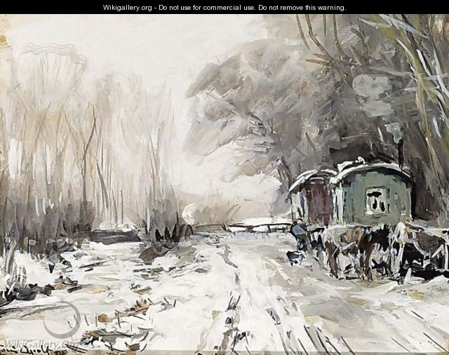 A Winter Landscape With Horses And Wagons Along A Road - Louis Apol