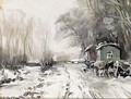 A Winter Landscape With Horses And Wagons Along A Road - Louis Apol