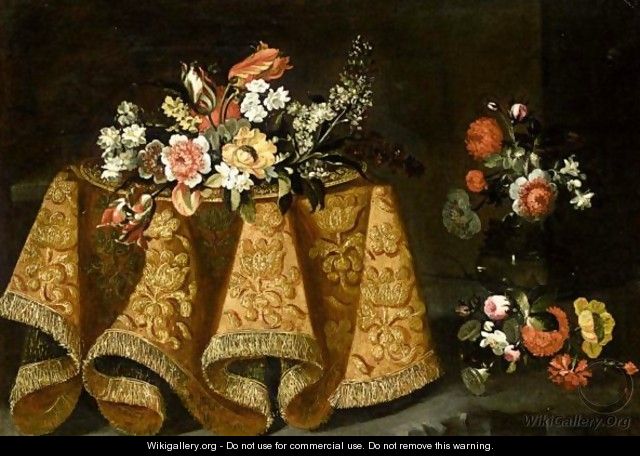 Still Life With A Bouquet Of Flowers On A Gold Plate On A Table Draped With A Gold Embroidered Cloth, A Vase Of Flowers Beyond - (after) Antonio The Younger Gianlisi