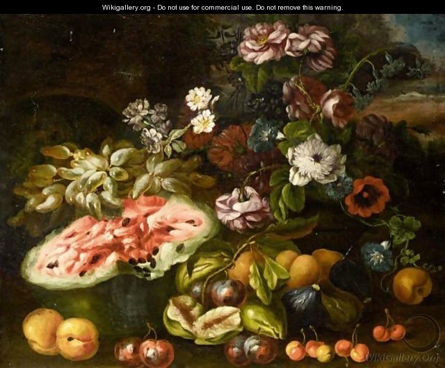 Still Life Life With Grapes, A Melon, Figs, Plums, Peaches And Various Flowers In A Landscape - (after) Abraham Brueghel