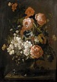 Still Life With Various Flowers In A Glass Vase, On A Stone Ledge - (after) Pieter Hardime