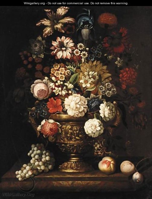 Still Life With Roses, Irises, Narcissi, And Various Other Flowers In A Bronze Urn - Anglo-Flemish School