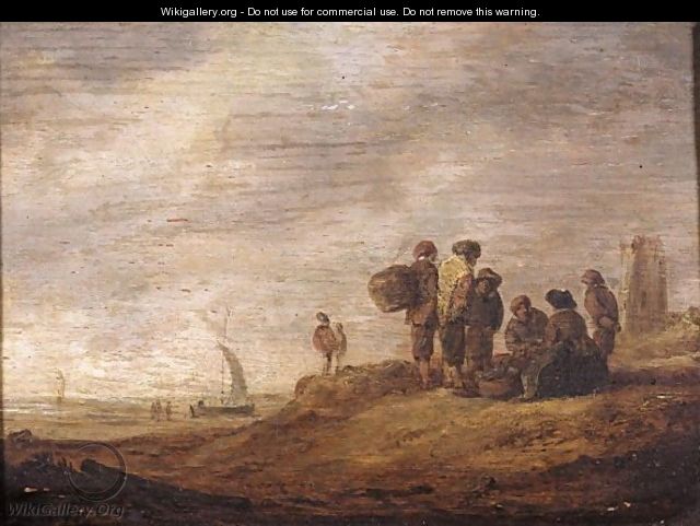 A Coastal Landscape With Fisherfolk Gathered In The Foreground, A Tower Beyond - (after) Jan Van Goyen