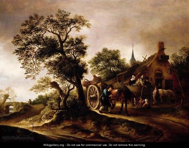 Landscape With Figures And Carts Before A Cottage - (after) Isaack Jansz. Van Ostade