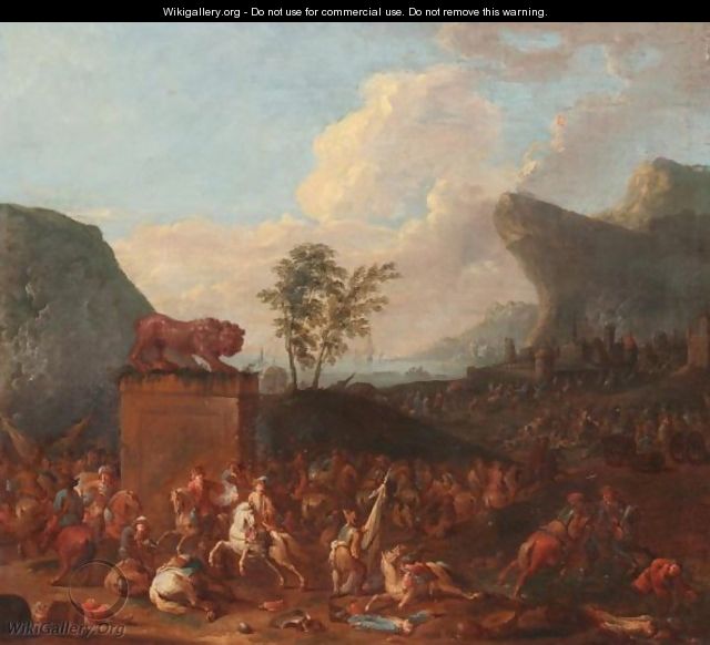 A Cavalry Battle Before A Mediterranean Port - Karel Van Breydel (Le Chevalier)