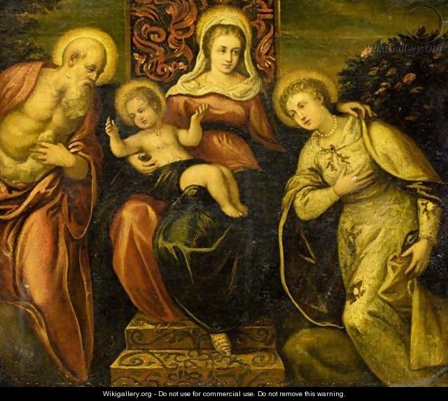 The Madonna And Child With Saint Jerome And A Female Saint - (after) Jacopo Tintoretto (Robusti)
