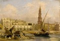 Mediterrenean Harbour Scene With Fishermen Mending Their Nets, A Church Beyond - Italian School