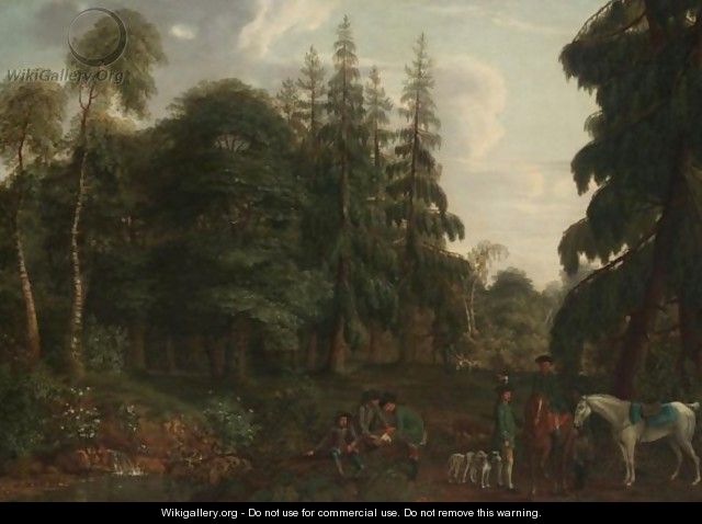 Wooded Landscape With Huntsmen Resting In The Foreground - German School