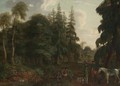 Wooded Landscape With Huntsmen Resting In The Foreground - German School