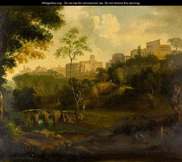 Italianate River Landscape, With A Hill Top Town Beyond - Italian School