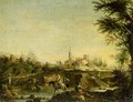 Italianate Landscape With Figures Beside A River, A Town Beyond - (after) Giuseppe Zais