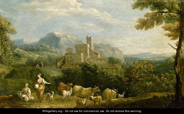 Pastoral Landscape With Drovers In The Foreground A Hill Top Town Beyond - (after) Giuseppe Zais