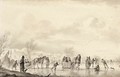 Winter Landscape With Skaters And Horse-Drawn Sledges On The Ice, A Village Beyond - Andries Vermeulen