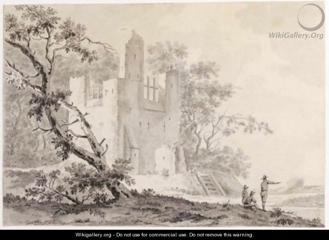 A Ruined Castle With Three Figures In The Foreground - J. Van Renselaar
