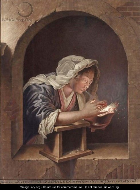 A Woman In A Niche Blowing On Coals In An Earthware Pot - Jan Stolker