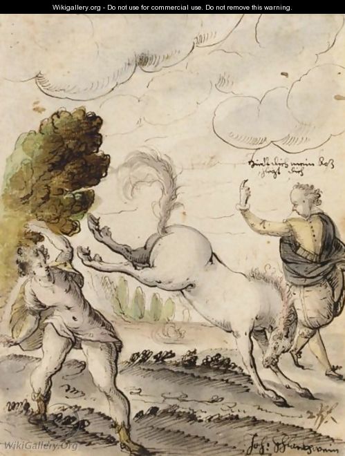 A Kicking Horse And Two Men - Johann Schlankhwein