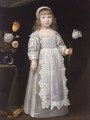A Portrait Of A Young Girl, Standing Full-Length, Wearing A White Dress With An Apron Set With Lace And A White Bonnet, Holding A Tulip In Her Left Hand, A Vase With Flowers Beside Her On A Table - (after) Philippe De Champaigne