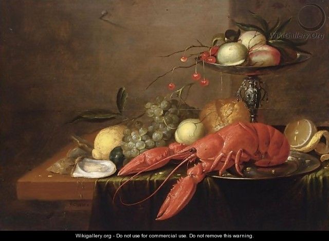 A Still Life With A Lobster On A Pewter Plate, A Silver Tazza With Peaches And Cherries - Philips Gijsels
