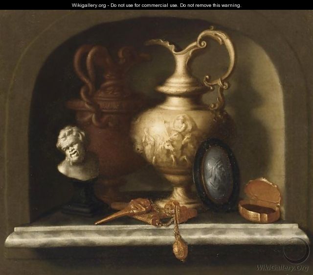 A Still Life With Two Sculpted Jugs With A Scene With Neptune - (after) Pieter Gerritsz. Van Roestraeten