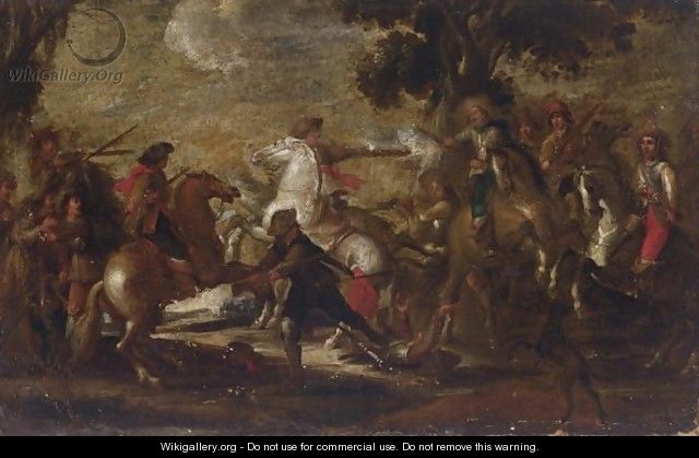 A Cavalry Battle Scene In A Wooded Landscape - (after) Cornelis De Wael