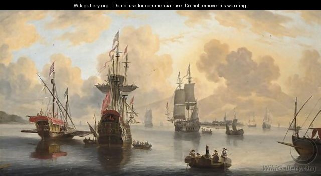 A Galley, A Man-Of-War And Merchantmen, Together With Other Sailing Vessels And Rowing Boats, A View Of A Town (Antwerp) Beyond - Peter van den Velde