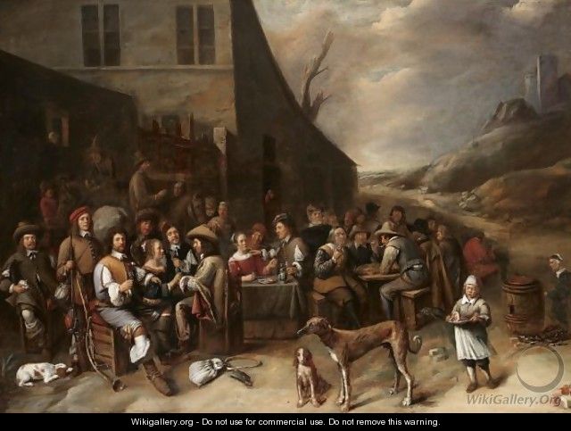 Sportsmen And Other Men And Women Drinking Outside A Tavern Near The Dunes, Together With Hounds And Horsemen - Gillis van Tilborgh